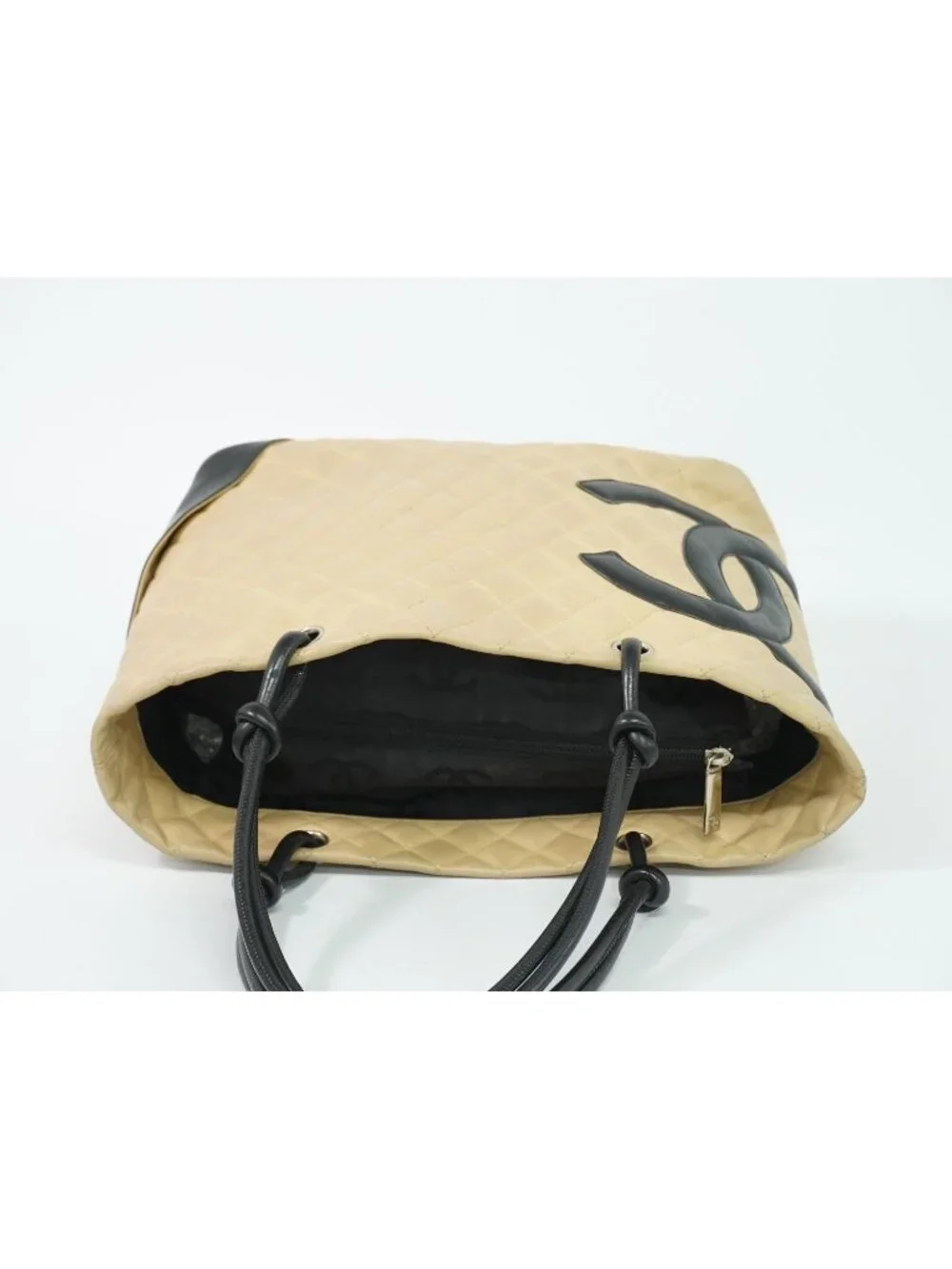 Chanel CC Logo Cambon Line Shoulder Bag Tote Leather Beige Vintage